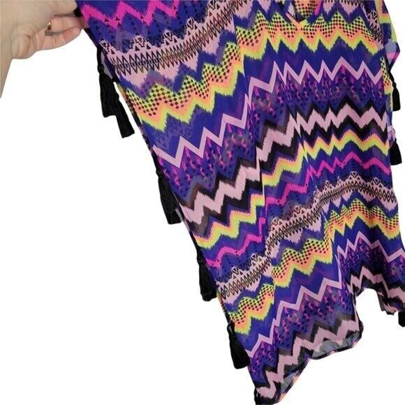 Miken Swim Multicolor Chevron Printed Tassel Side Pullover Swim Coverup Women Lg - Picture 2 of 7